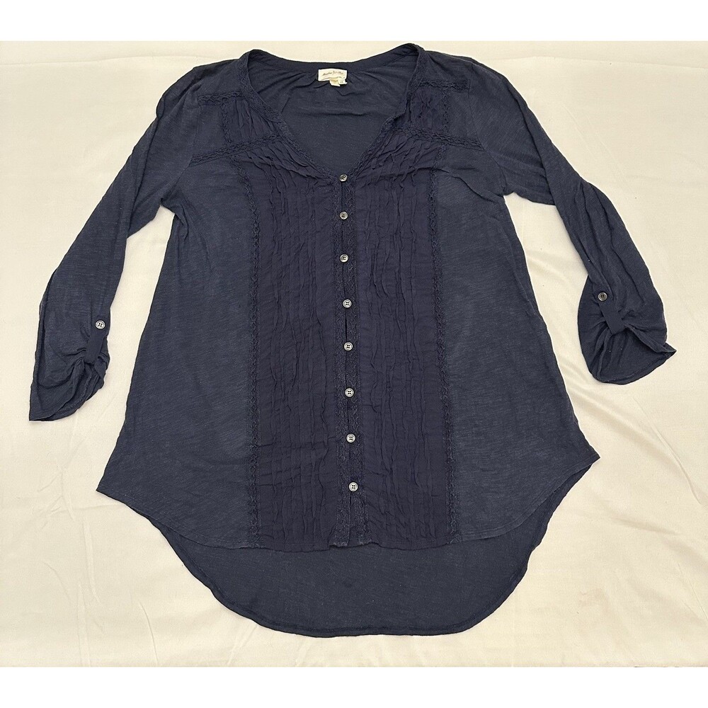 Anthropologie Meadow Rue Navy Embroidered Ruched Cottage Prairie Cotton